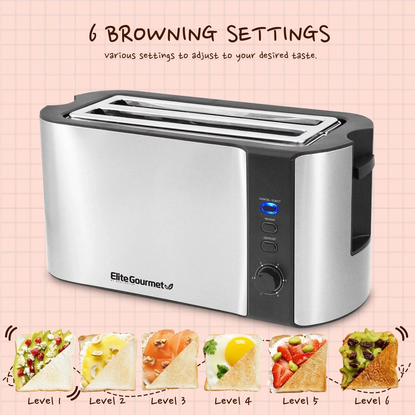 Stainless Steel 4 Slice Long Slot Toaster